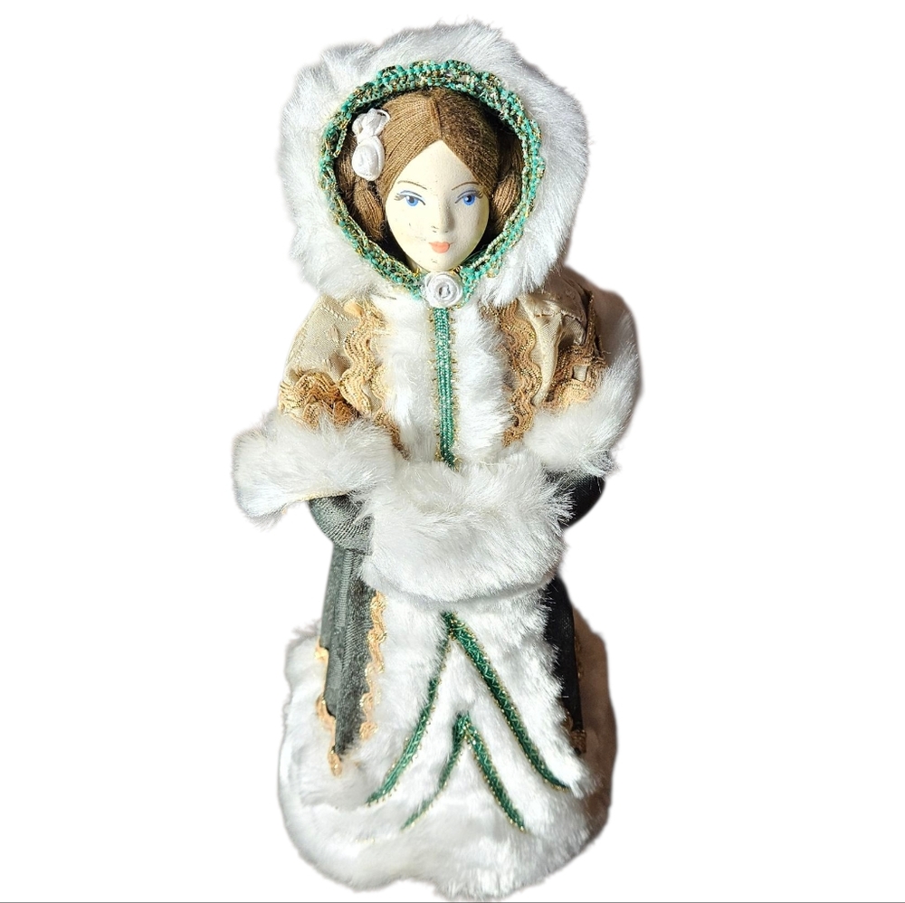 Elegant Vintage Winter Russian  Doll with Fur Trim and Porcelian Face.